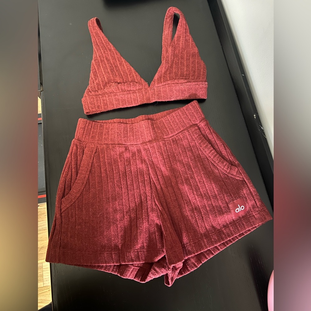 Alo Take Comfort Ribbed Bralette & Shorts Set in Deep Burgundy - Picture 2 of 3